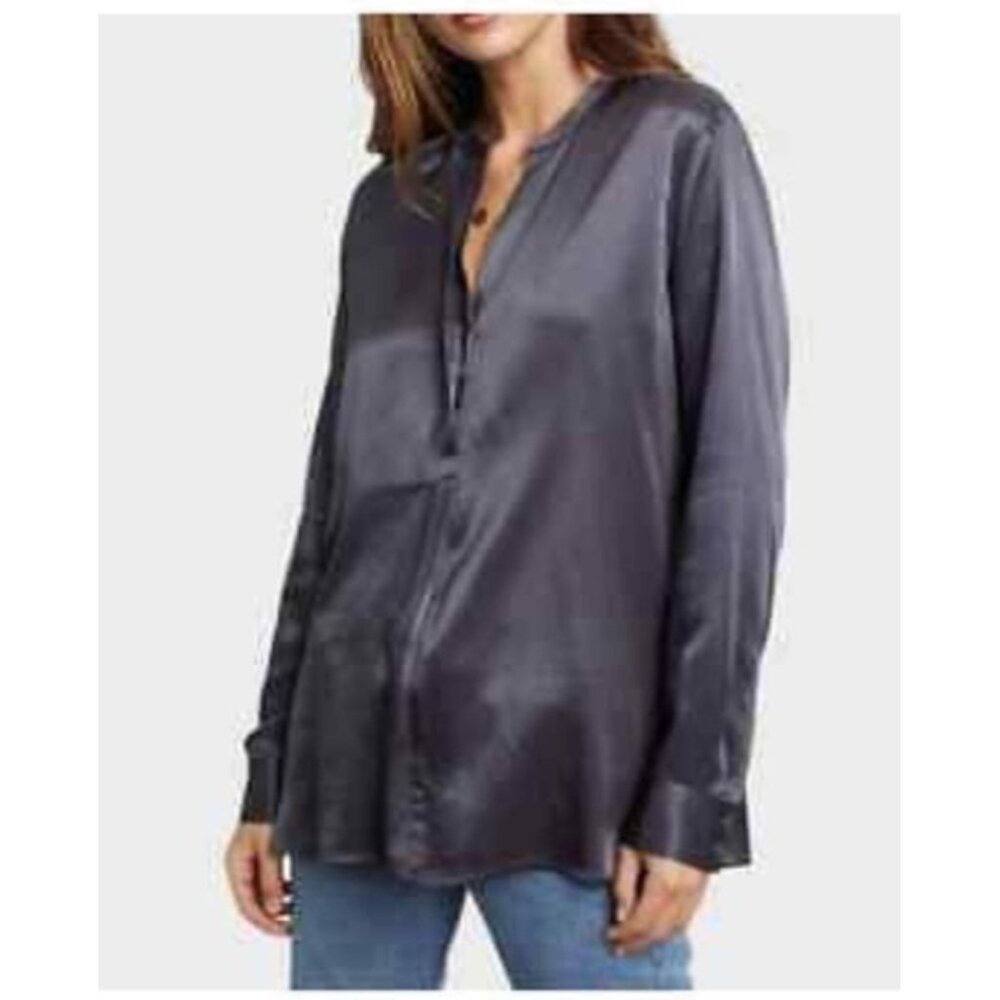 Rails Reiss Popover Blouse Pearl Slate Satin Half Placket Hidden Button Medium